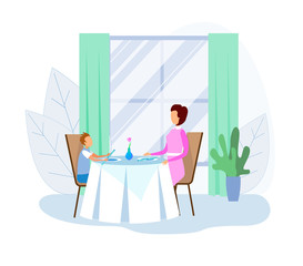 Faceless Mother and Son Have Lunch or Dinner at Restaurant or Home. Parent and Kid Visit Cafeteria. Happy Family Sit at Table in Eco Place and Organic Food. Cartoon Flat Interior. Vector Illustration