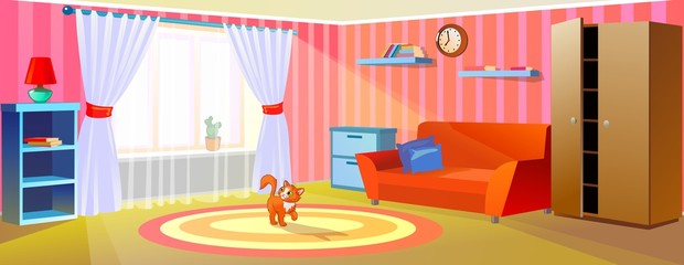 Interior room with a cat. Vector illustration.