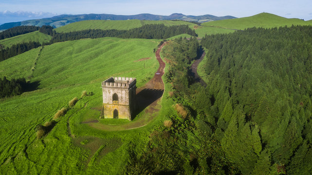 Drone aerial view of "Castelo Branco" historic monument in Sao Miguel island, Azores, Portugal.