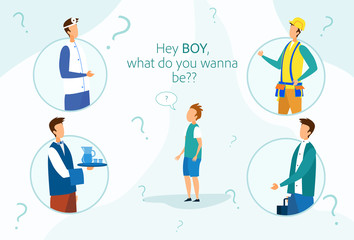 Boy Thinking of Future Education and Career Choice. Thoughtful Schoolboy Looking Up at Thought Bubbles with Various Professions as Engineer, Doctor, Manager, Waiter. Cartoon Flat Vector Illustration