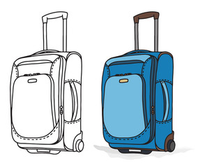 Collection of various suitcase with wheels on white background for business trip and vacation. Flat set of luggage on transparent background. Simple isolated vector illustration.
