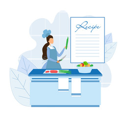 Faceless Young Female Chef Cooking Organic Dish According to Recipe. Woman in Uniform Cutting Vegetables. Culinary Courses. Cuisine Classes. Improving Skill and Education. Vector Flat illustration