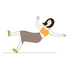 Woman slipping on wet floor. Cartoon female character falling on ground flat vector illustration. Safety, caution, warning concept for banner, website design or landing web page