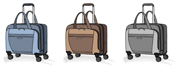 Collection of various travel bag with wheels for business trip and vacation. Flat colorful set of luggage on white background. Simple isolated vector illustration.
