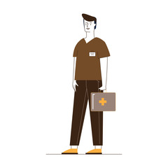 Paramedic with first aid kit. Male character in medical uniform flat vector illustration. Emergency, doctor visiting patient concept for banner, website design or landing web page