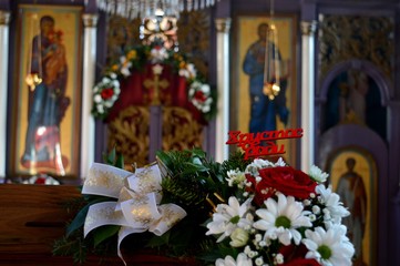 a flower arrangement at the church for Christmas
