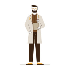 Male physician in white coat. Doctor with stethoscope holding medical history flat vector illustration. Medicine, healthcare, practitioner concept for banner, website design or landing web page