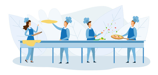 Cooks Team Preparing Pizza Together Illustration. Cartoon Chef Characters Kneading Dough with Rolling Pin, Cutting Vegetables with Knife, Baking Fresh Fast Food Snack. Vector Flat Illustration