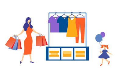 Stylish Mom, Carrying Lots Paper Shopping Bags with New Dresses, and Her Little Daughter with Balloons Doing Shopping Together. Store with Spring Summer Season Apparel on Hangers for Whole Family.