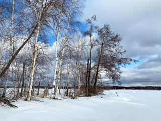 Russia, Chelyabinsk region. Small island on lake Uvildy in winter cloudy day