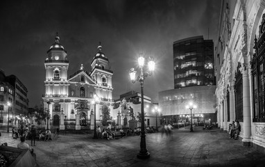 Fototapeta na wymiar Night view of San Pedro church in Lima downtown, Peru.