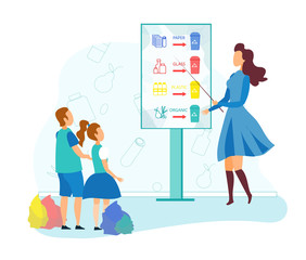 Young Woman Stand with Pointer at Billboard with Infographics Segregation Garbage Type Teach Kids how Correctly to Determine Paper, Plastic, Organic and Glass Litter Cartoon Flat Vector Illustration
