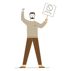 Man showing placard. Protest activist holding poster and making threaten gesture flat vector illustration. Resistance, riot, fight concept for banner, website design or landing web page