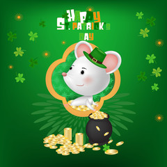 The Rat greeting with cauldron , coins ,clovers and hat to event. Happy St. Patrick's Day of vector illustration.