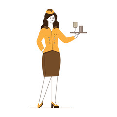 Stewardess offering water. Woman in uniform carrying glasses on tray flat vector illustration. Airlines, occupation, flight concept for banner, website design or landing web page
