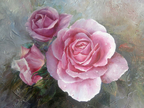 Picturesque roses on the texture background with oil paints