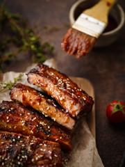 Juicy ribs barbecue close-up. Shallow depth of field