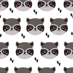 Cute kawaii raccoon pattern. Seamless background for baby kids print, textile, fabric. Funny wild animal face design, raccoon head isolated on white, vector illustration