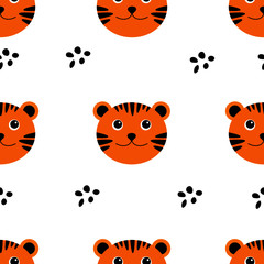 Obraz premium Cute kawaii tiger pattern. Seamless background for baby kids print, textile, fabric. Funny wild animal face design, tiger head isolated on white, vector illustration