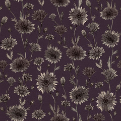 Ink flowers pattern. Black flowers seamless pattern. Floral endless background. Botanical ink ilustration. Flowers backdrop.