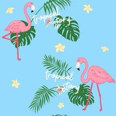 cute cartoon pink flamingos seamless pattern on blue background, wild tropical birds with leaves and flowers, editable vector illustration for kids decoration, fabric, textile, paper, banner, poster,