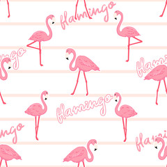 cute cartoon pink flamingos seamless pattern on white background with pink stripes, wild tropical birds, editable vector illustration for kids decoration, fabric, textile, paper, banner, poster,
