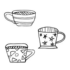Hand drawn vector illustration. A set of three simple childish mugs. Doodle, funny, sketch.