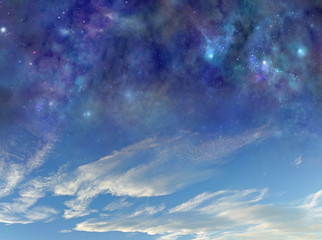 Day and Night all at once background - dark blue deep space  with many different stars, planets and clouds merging into a beautiful light blue day sky cloud formation background