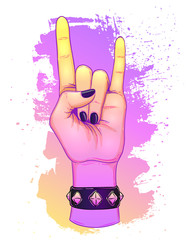 Rock and roll sign. Hand drawn illustration of human hand showing sign of the horns. Gesture of Heavy metal culture. Raised hand as a rock and roll sign.
