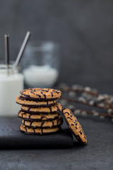 Shortbread cookies with peanuts, chocolate, sesame seeds and milk on a gray background