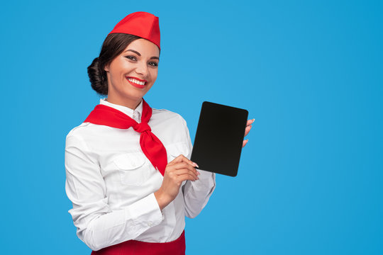 Friendly flight attendant advertising booking app - Powered by Adobe