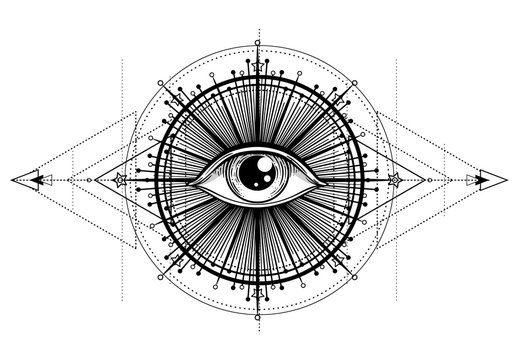 Eye of Providence. Masonic symbol. All seeing eye inside triple moon pagan Wicca moon goddess symbol. Vector illustration. Tattoo, astrology, alchemy, boho and magic symbol. Coloring book.