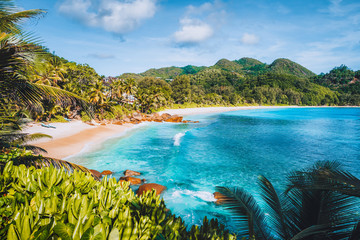 Mahe Island, Seychelles. Beautiful exotic Anse intendance tropical beach. Ocean wave rolling towards sandy beach with coconut palm trees