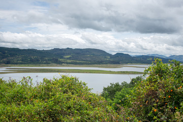 Fototapeta na wymiar Panoramic view of the Guatavita reservoir in Cundinamarca Colombia, an excellent natural tourist destination