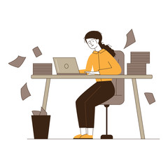 Stressed accountant working with stacks of reports. Employee with piles of documents holding head flat vector illustration. Paperwork, disarray concept for banner, website design or landing web page