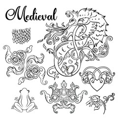 Medieval style elements set. Mythological magic beast Basilisk, legendary bizarre creature. Decorative design. Dragon, burning flame. Vector illustration. Coloring book for adults.