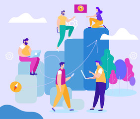 Flyer Development and Passage to Ultimate Goal. Interesting and Effective Methods for Solving Problems and Searching for Ideas. Men are Kicking along Hills, Girl at very Top with Flag.