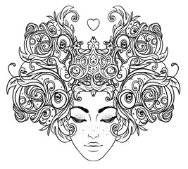 Tribal Fusion Boho Diva. Beautiful Asian divine girl with ornate crown, kokoshnik inspired. Bohemian goddess. Hand drawn elegant illustration. Lotus flower, ethnic art, patterned Indian paisley.