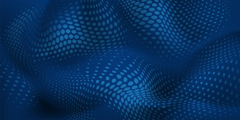 Abstract halftone background with wavy surface made of dots in blue colors