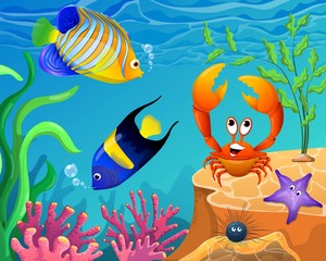 Naklejka na ściany i meble Marine Life Landscape - the ocean and underwater world with different inhabitants. Vector. EPS 10