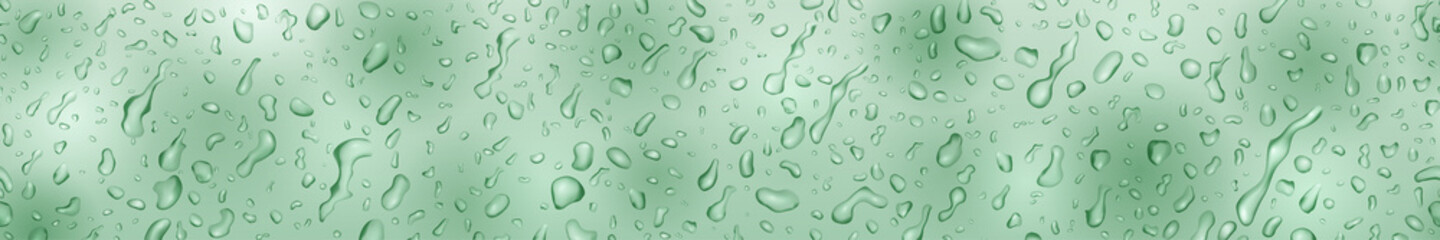 Banner in light green colors with drops and streaks of water, flowing down the surface. With seamless horizontal repetition
