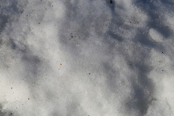 White beautiful surface of snow photographed during a sunny spring day in Finland. Lovely background texture. Closeup color image from a high angle view.