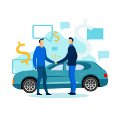 Men Shake Hand. Make Successful Deal. Mens Handshake. Business Meeting. Vector Illustration. Teamwork. Business Partnership. Buying Car. Man in front Blue Car. Conclude an Agreement.