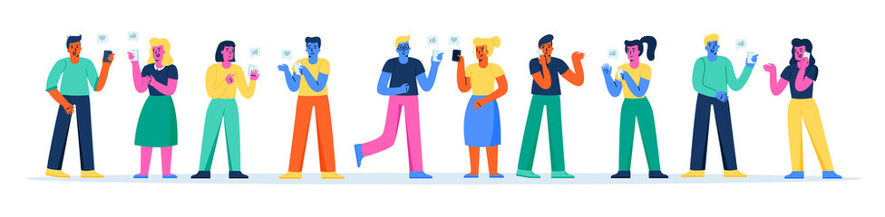 Horizontal banner with happy people using smartphones. Set of funny men and women communicating via cellphones, surfing internet on mobile phones or texting. Modern flat cartoon vector illustration.