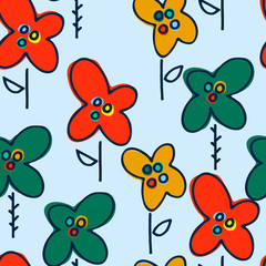 Seamless pattern with hand drawn multicolored abstract flowers on pale gray background in Scandinavian style