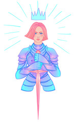 Portrait of beautiful girl with a sword. Female knight in armour. Vector illustration. Medieval aesthetics. Girl power. Joan of Arc inspired. Sticker, patch, t-shirt print, logo design.