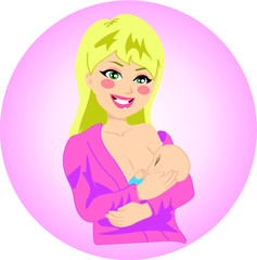 Young beautiful blonde mother woman breastfeeding baby boy, wearing shirt