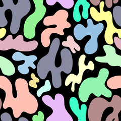 Abstract pattern of colored spots on a black background. Delicate design for children's textiles, clothing, tableware, printing.