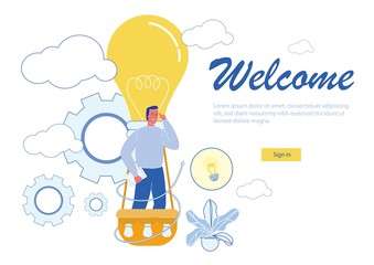 Businessman Invites Clients or Customers. Creative Idea, Creativity and Inspiration Symbols Background. Business Startup, Welcoming to New open Company, Marketing Promotion. Flat Vector Illustration.