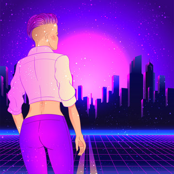 Portrait of a young pretty androgynous woman with short shaved pixie undercut in retro futurism style. Vector illustration in neon bright colors. short hair. futuristic synth wave flyer template.